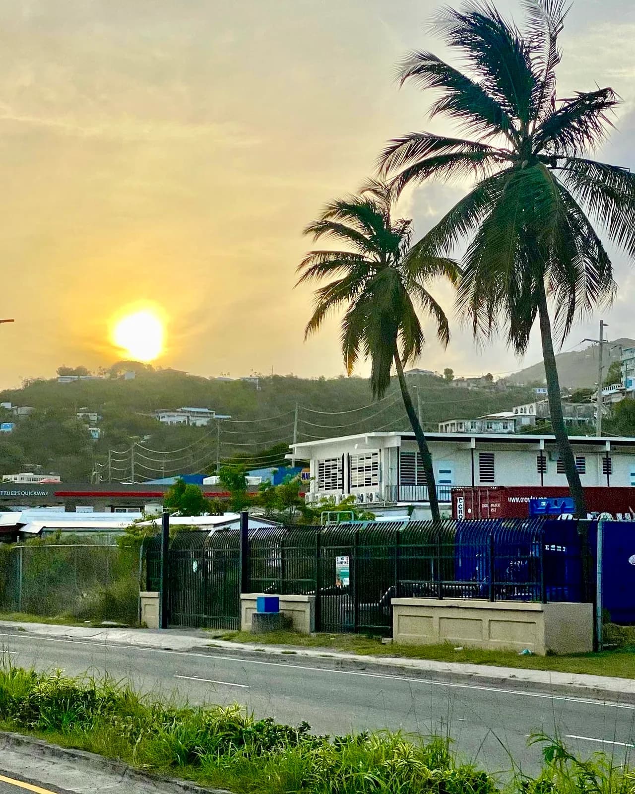 Sun setting behind island hills beside roadside palm trees